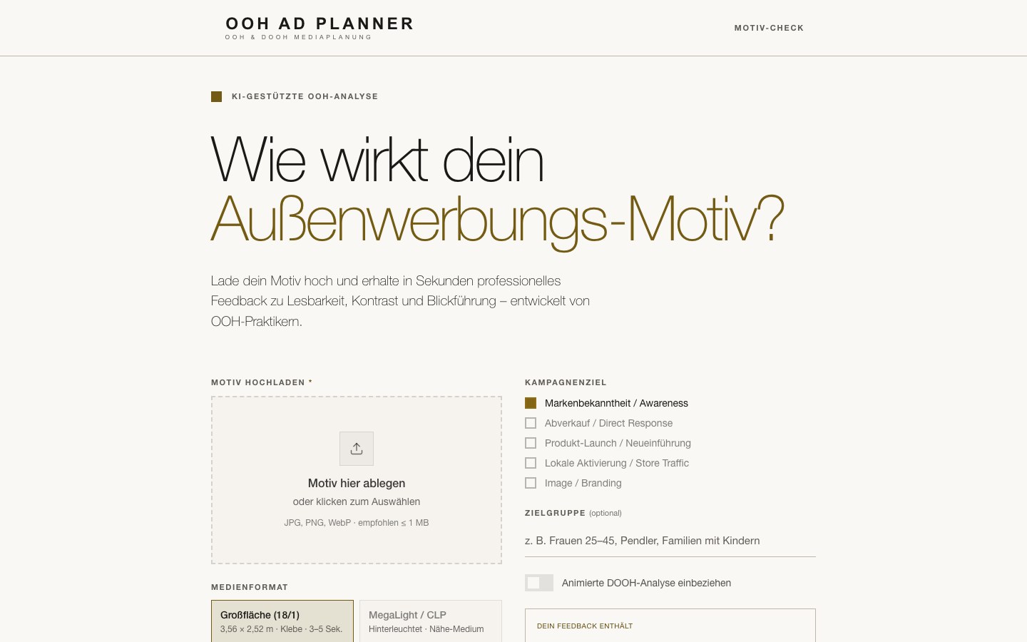 Motiv-Check: Motiv hochladen, Format und Kampagnenziel wählen