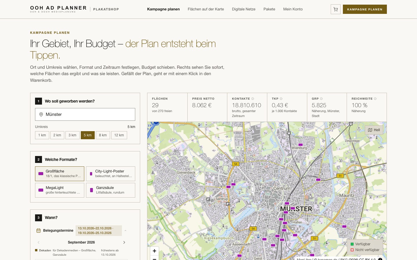 Plakatshop: Planung für Münster mit Umkreis, Formaten, Kennzahlen und Flächen auf der Karte